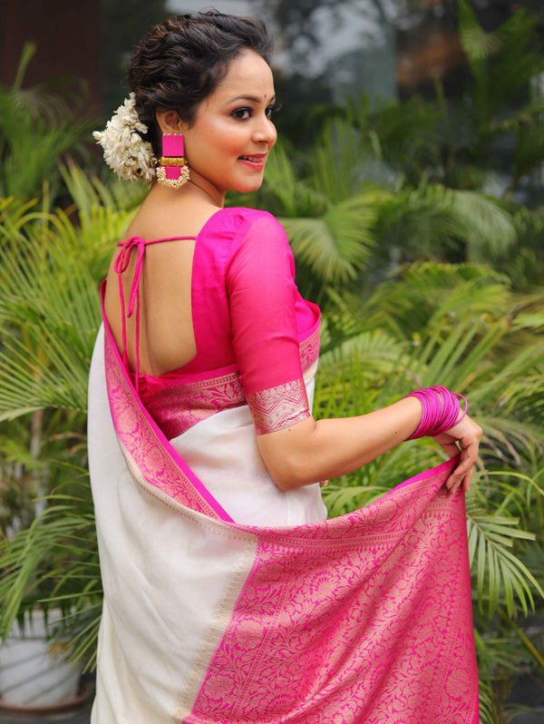 Banarasee Handwoven Semi Silk Plain Saree With Zari Contrast Border-White & Pink
