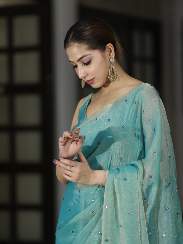 Banarasee Handwoven Dual Shaded Chiffon Saree With Mirror Work-Turquoise Green