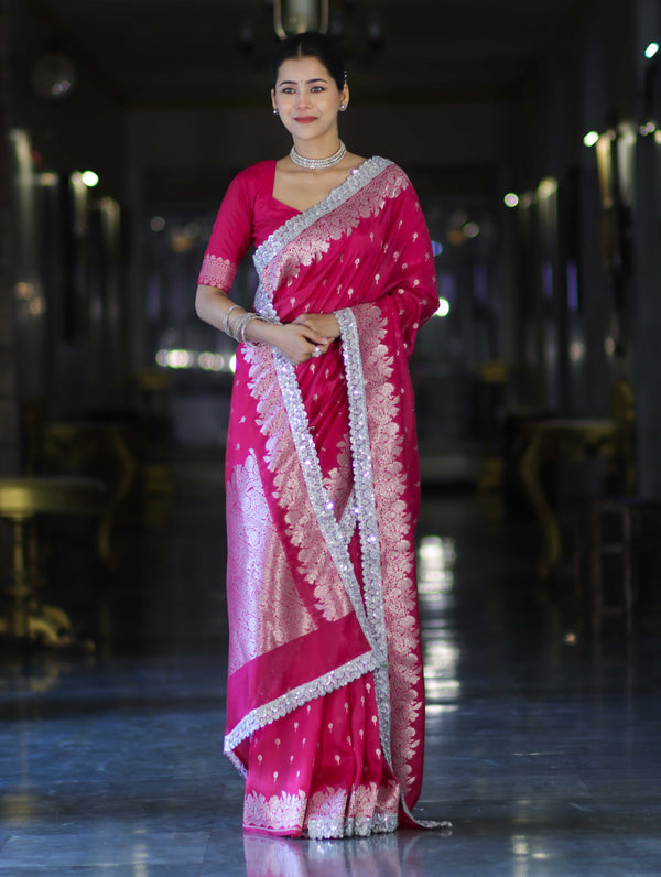 Banarasee Handloom Soft Silk Saree With Zari Buti Design Floral Border & Lace-Pink