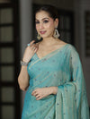 Banarasee Handwoven Dual Shaded Chiffon Saree With Mirror Work-Turquoise Green