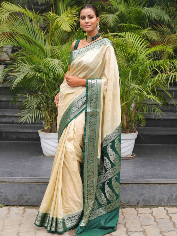 Banarasee Handwoven Semi-Chiffon Saree With Contrast Border & Gold Zari-Cream & Green