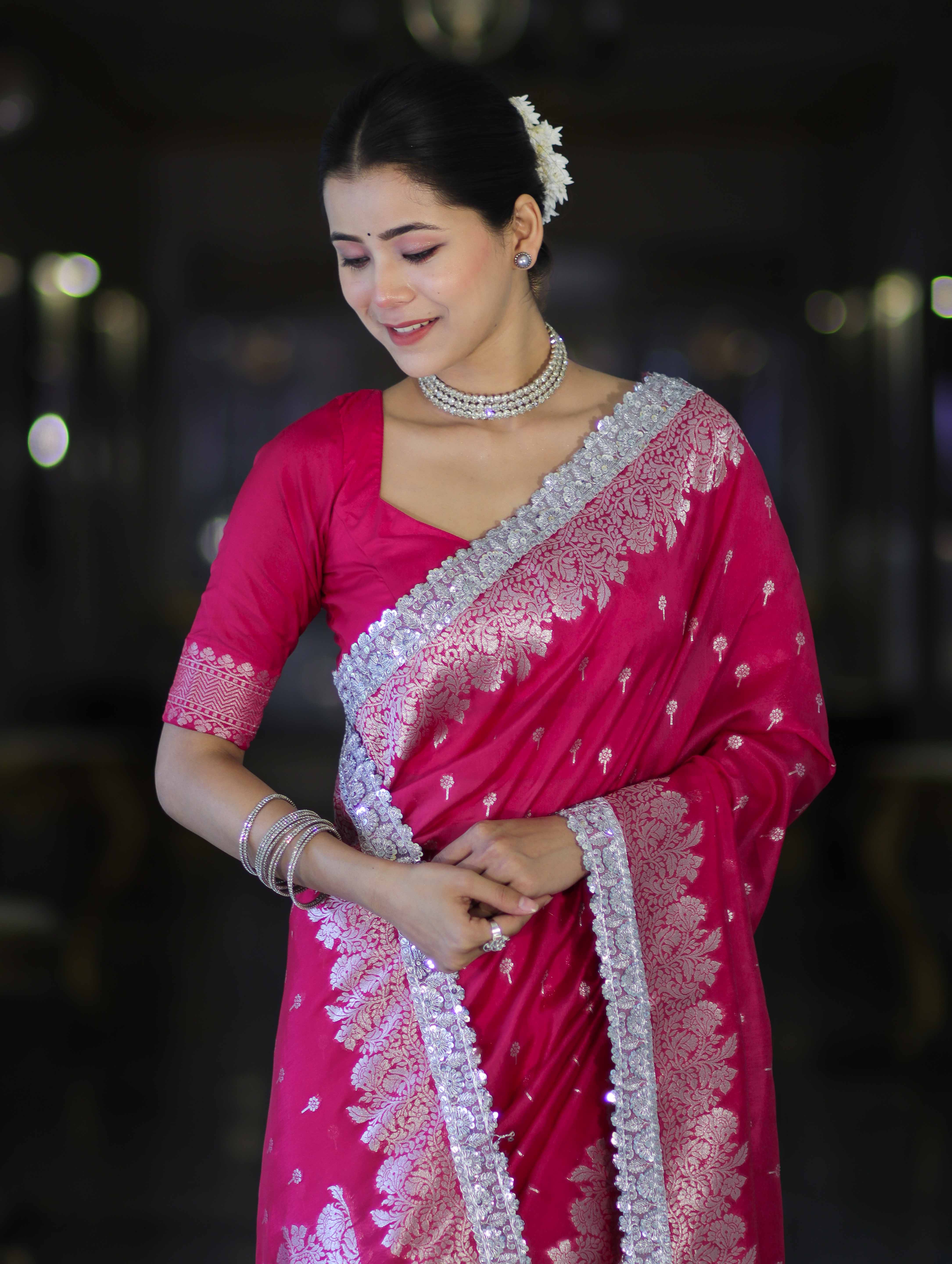 Banarasee Handloom Soft Silk Saree With Zari Buti Design Floral Border & Lace-Pink
