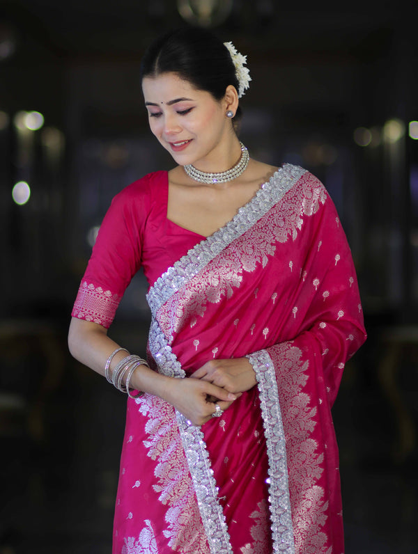 Banarasee Handloom Soft Silk Saree With Zari Buti Design Floral Border & Lace-Pink