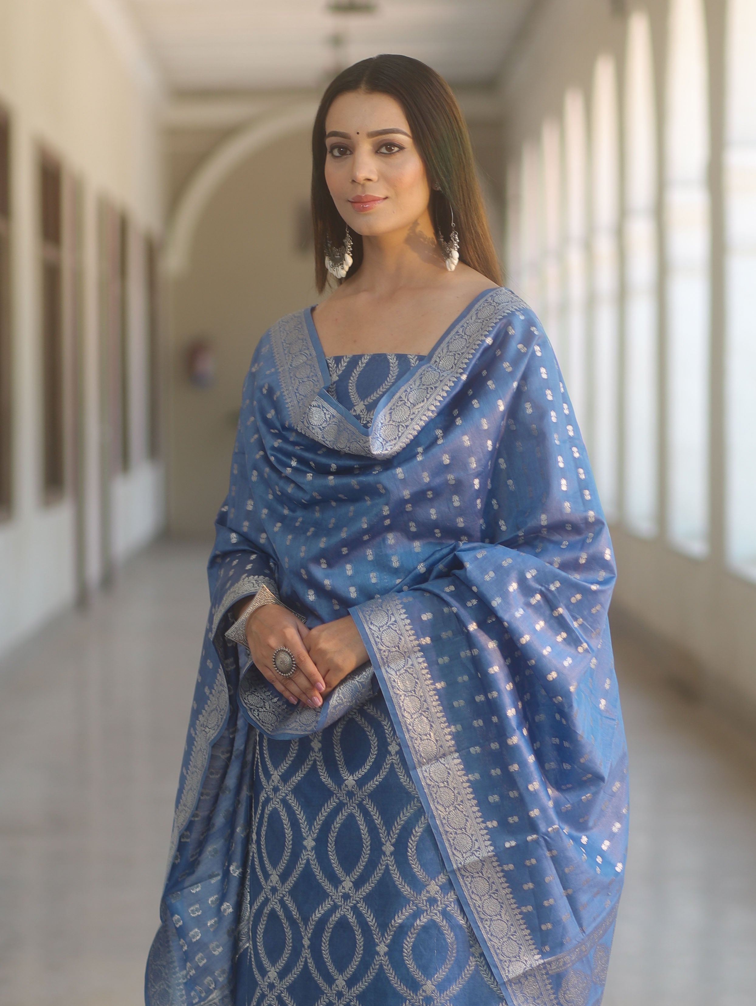 Banarasee Cotton Silk Zari Work Salwar Kameez Fabric With Dupatta-Pastel Blue