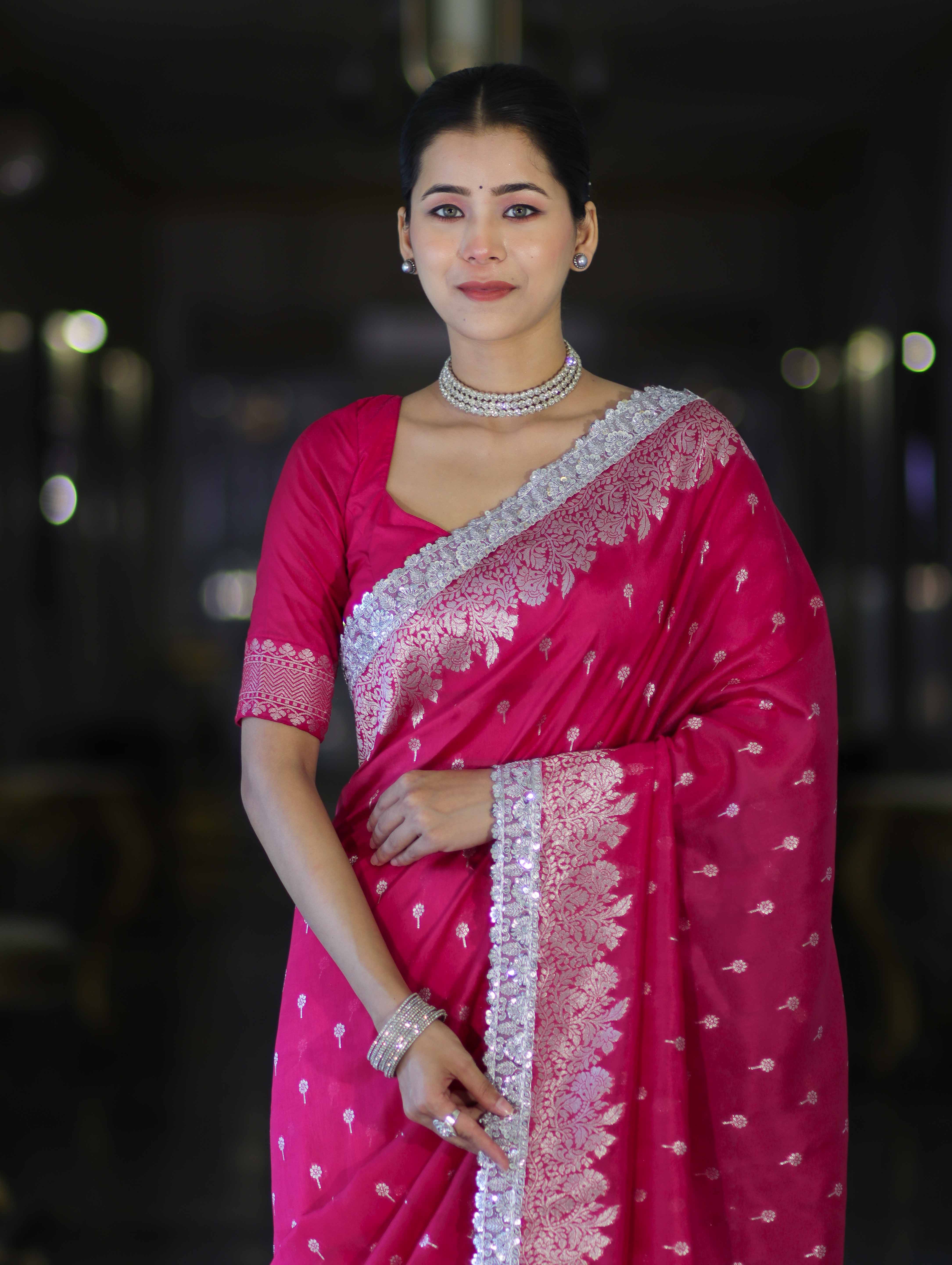 Banarasee Handloom Soft Silk Saree With Zari Buti Design Floral Border & Lace-Pink