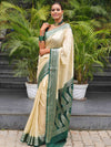 Banarasee Handwoven Semi-Chiffon Saree With Contrast Border & Gold Zari-Cream & Green