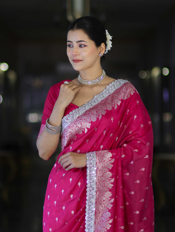 Banarasee Handloom Soft Silk Saree With Zari Buti Design Floral Border & Lace-Pink