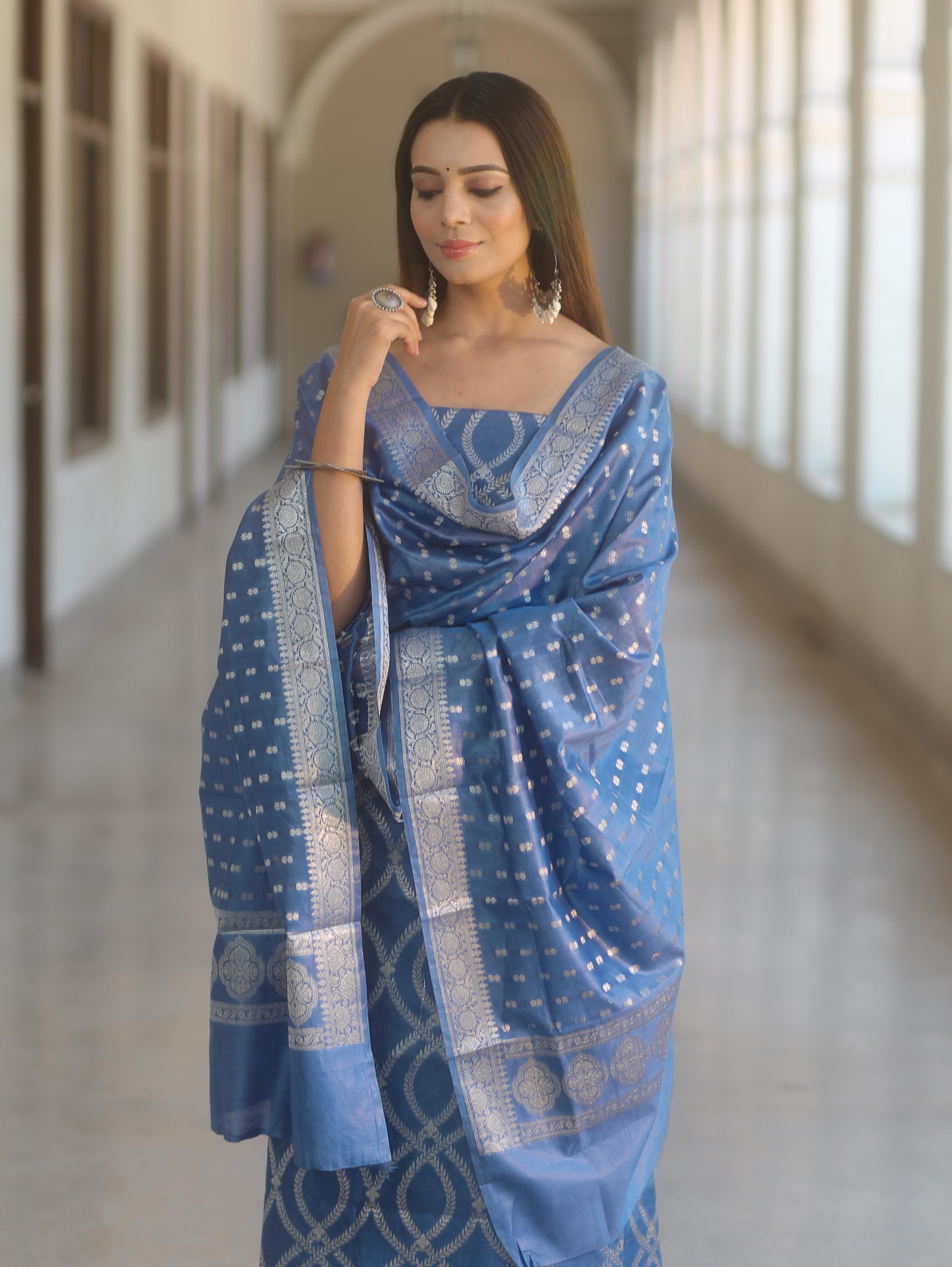 Banarasee Cotton Silk Zari Work Salwar Kameez Fabric With Dupatta-Pastel Blue