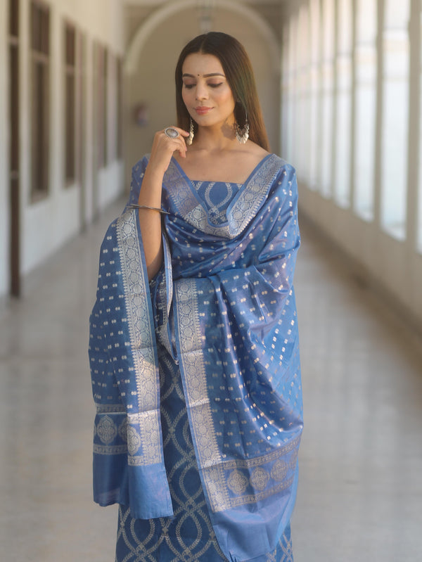 Banarasee Cotton Silk Zari Work Salwar Kameez Fabric With Dupatta-Pastel Blue