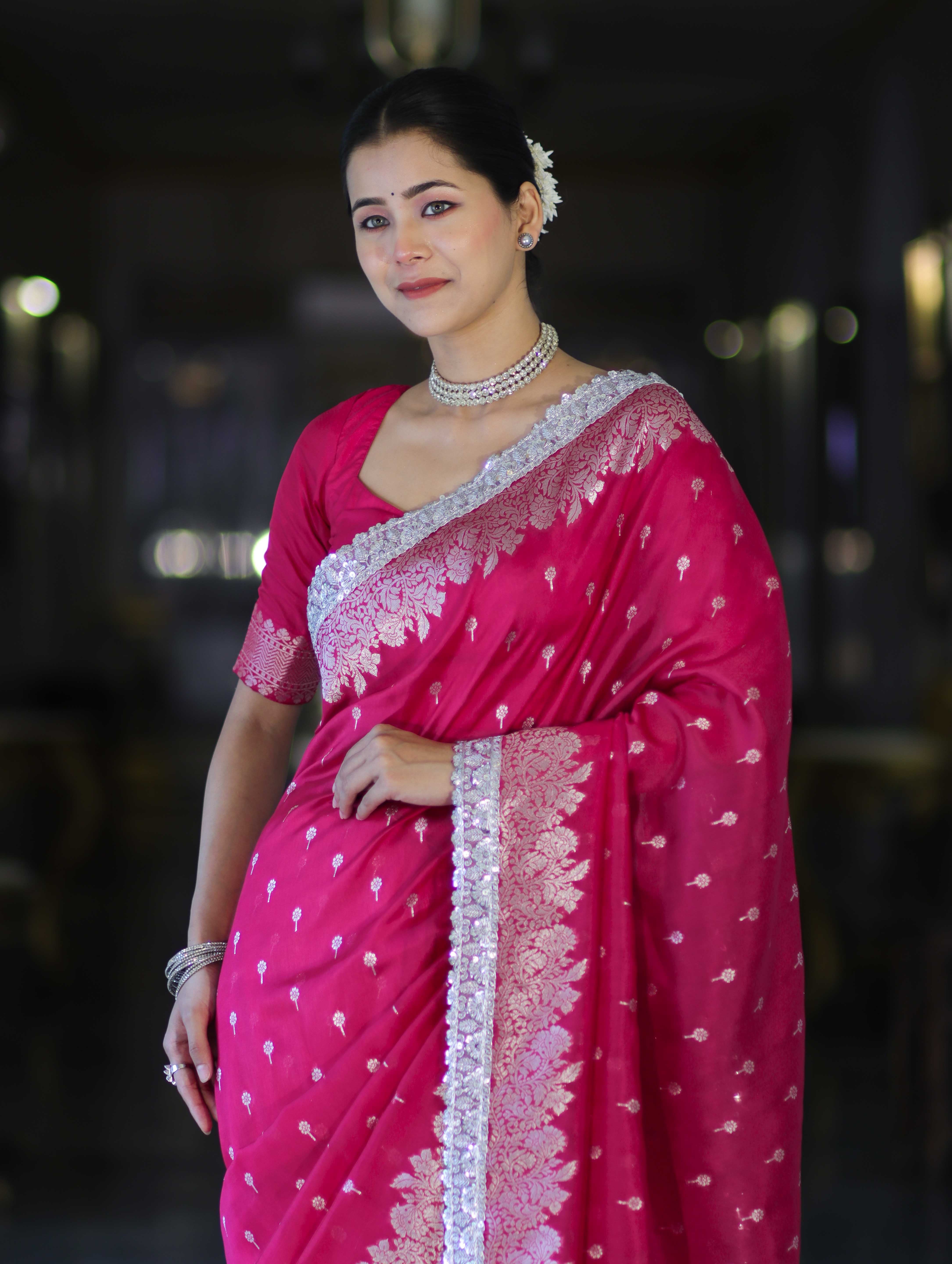 Banarasee Handloom Soft Silk Saree With Zari Buti Design Floral Border & Lace-Pink