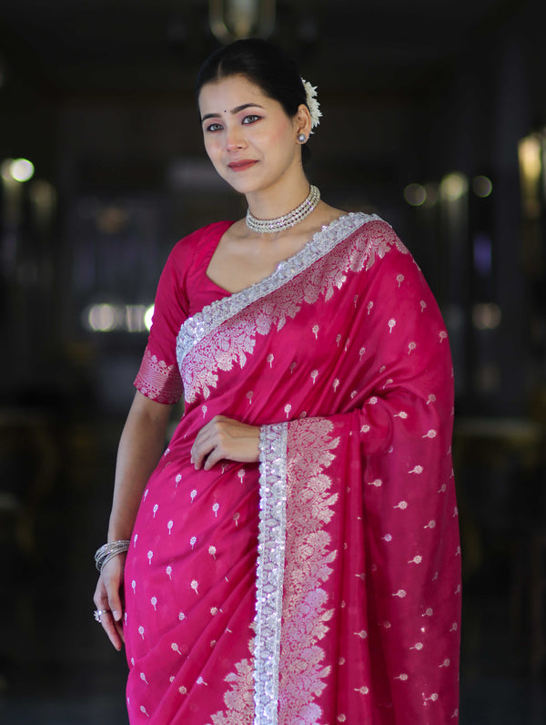 Banarasee Handloom Soft Silk Saree With Zari Buti Design Floral Border & Lace-Pink