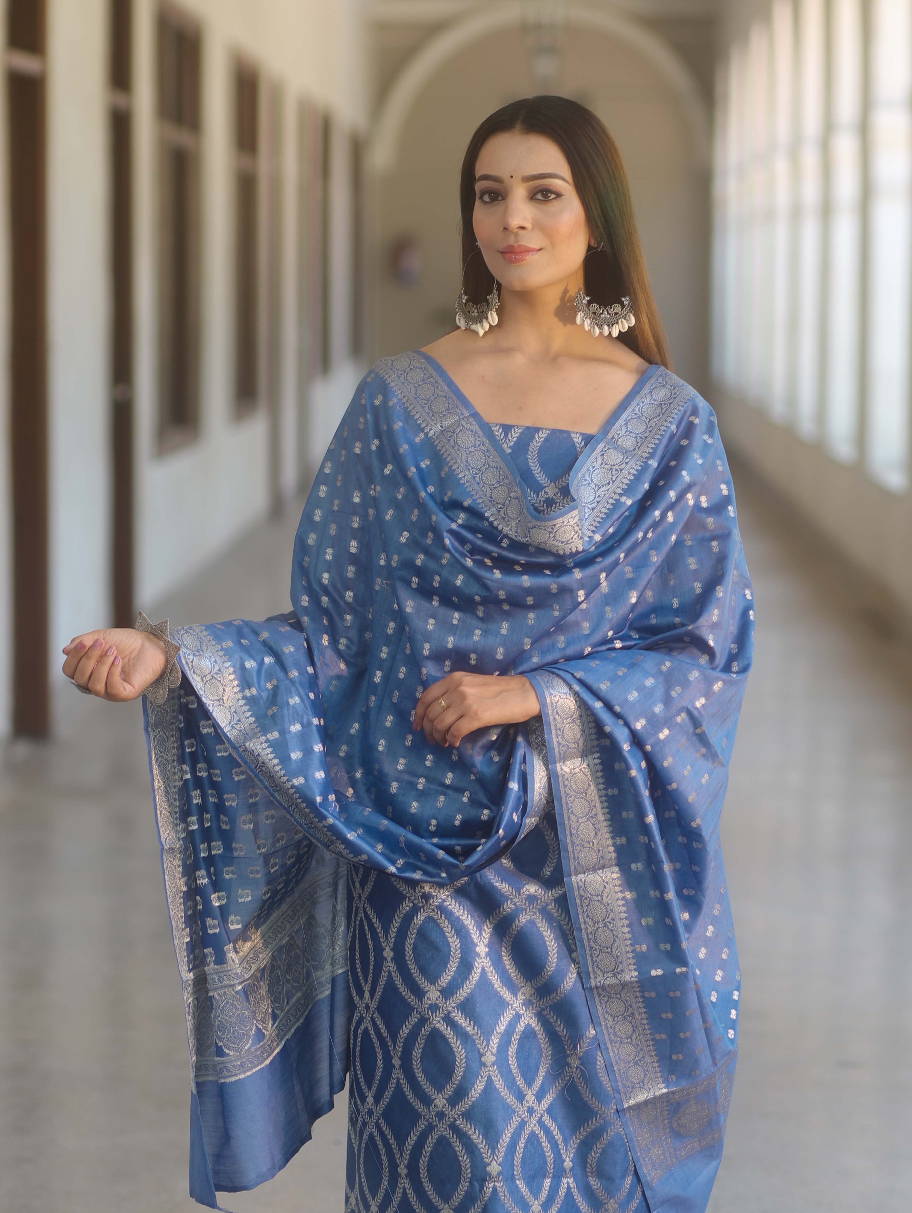 Banarasee Cotton Silk Zari Work Salwar Kameez Fabric With Dupatta-Pastel Blue
