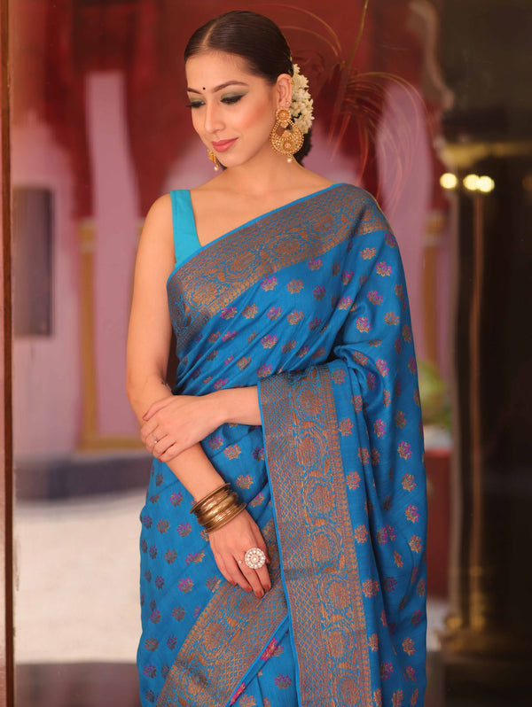 Banarasee Pure Handloom Muga Silk Saree With Zari & Gold Weaving-Blue