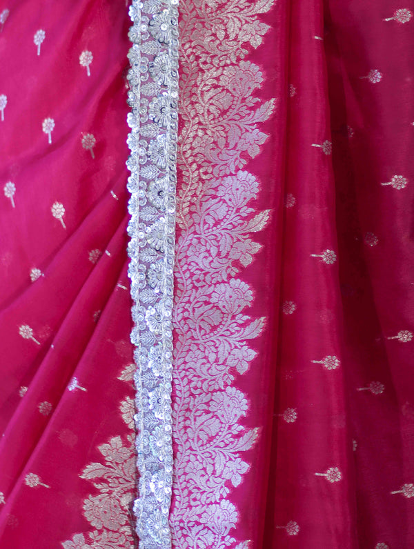 Banarasee Handloom Soft Silk Saree With Zari Buti Design Floral Border & Lace-Pink