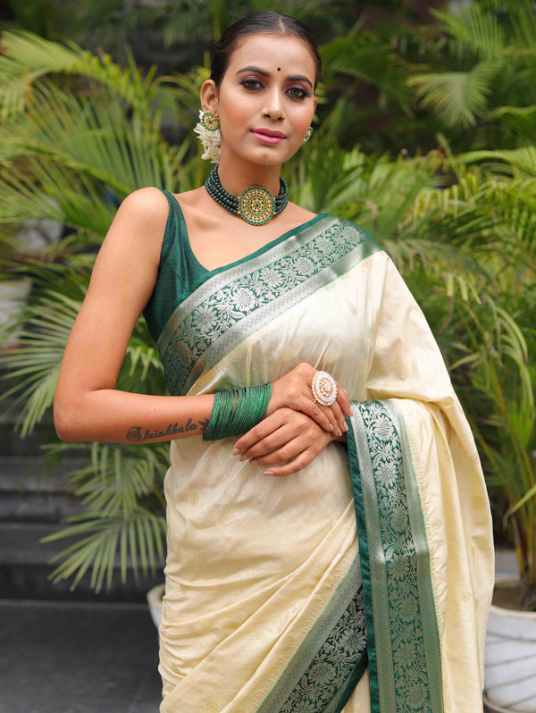 Banarasee Handwoven Semi-Chiffon Saree With Contrast Border & Gold Zari-Cream & Green