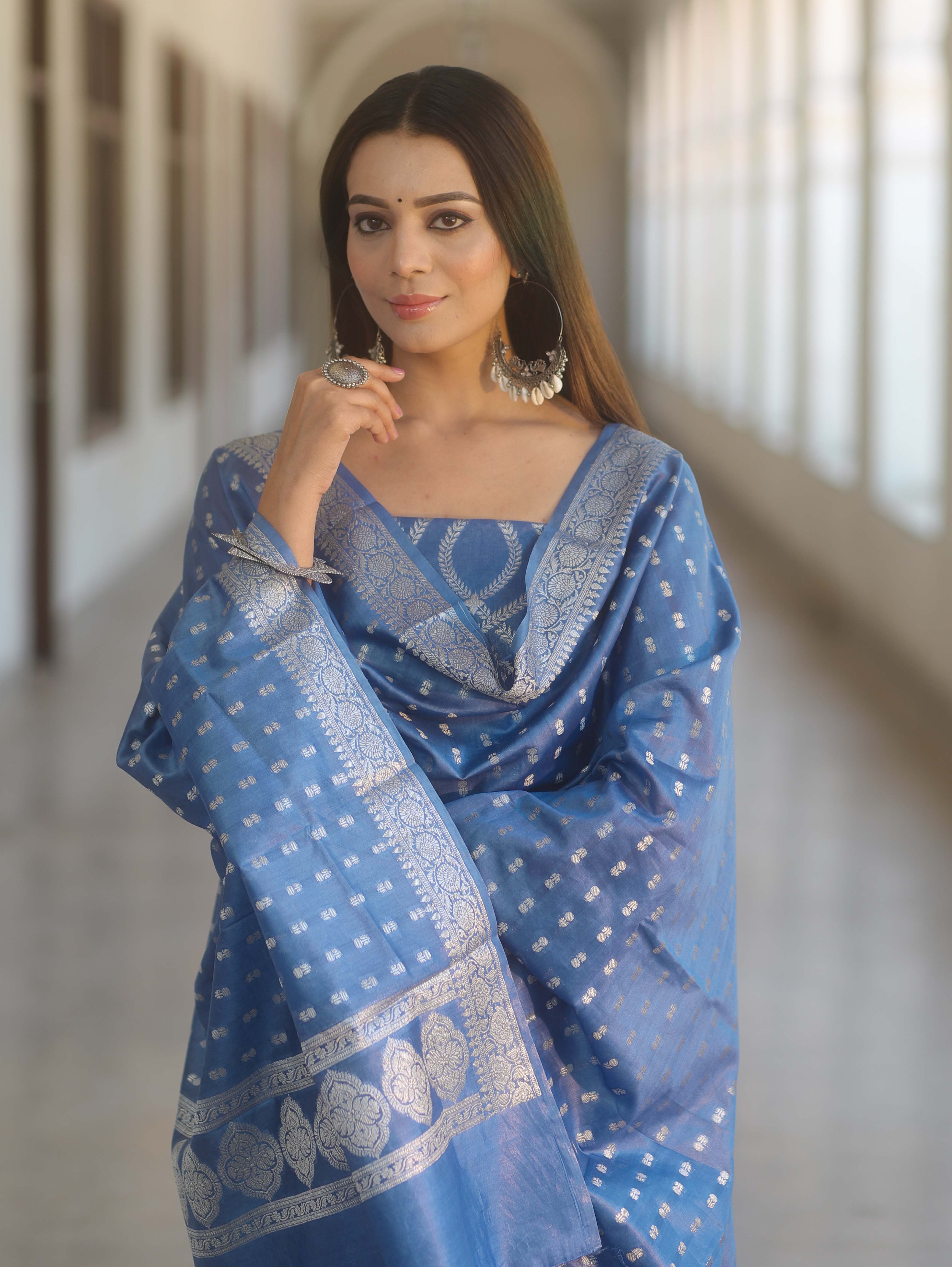Banarasee Cotton Silk Zari Work Salwar Kameez Fabric With Dupatta-Pastel Blue