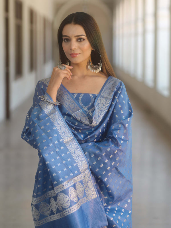 Banarasee Cotton Silk Zari Work Salwar Kameez Fabric With Dupatta-Pastel Blue