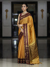 Banarasee Handloom Semi Silk Saree With Checks Pattern & Contrast Border-Mustard Yellow & Burgundy