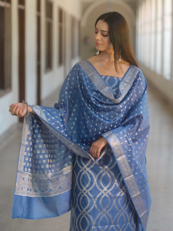 Banarasee Cotton Silk Zari Work Salwar Kameez Fabric With Dupatta-Pastel Blue