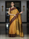 Banarasee Handloom Semi Silk Saree With Checks Pattern & Contrast Border-Mustard Yellow & Burgundy