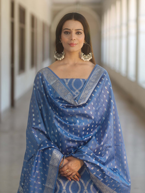 Banarasee Cotton Silk Zari Work Salwar Kameez Fabric With Dupatta-Pastel Blue