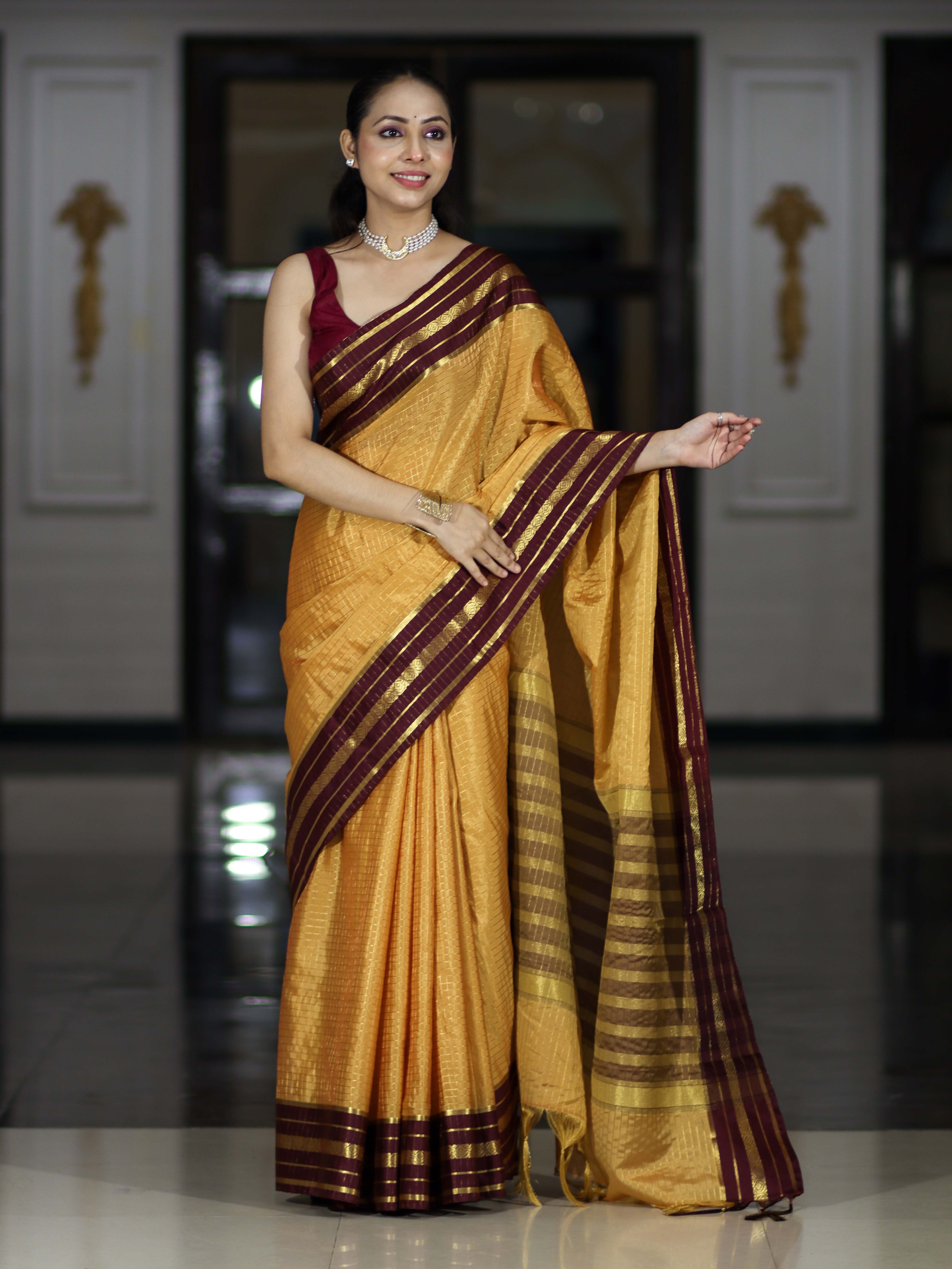 Banarasee Handloom Semi Silk Saree With Checks Pattern & Contrast Border-Mustard Yellow & Burgundy