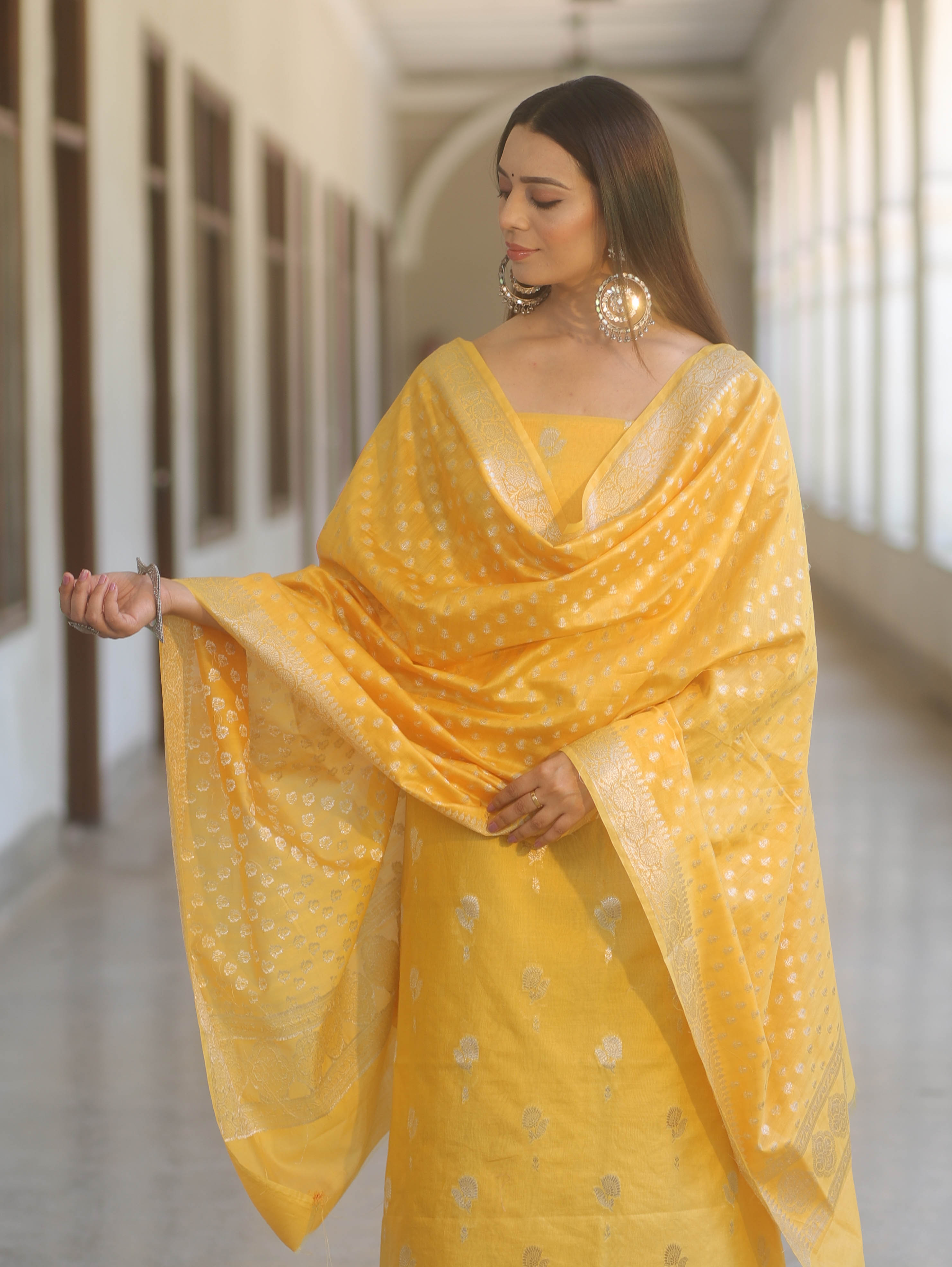 Banarasee Cotton Silk Zari Work Salwar Kameez Fabric With Dupatta-Yellow