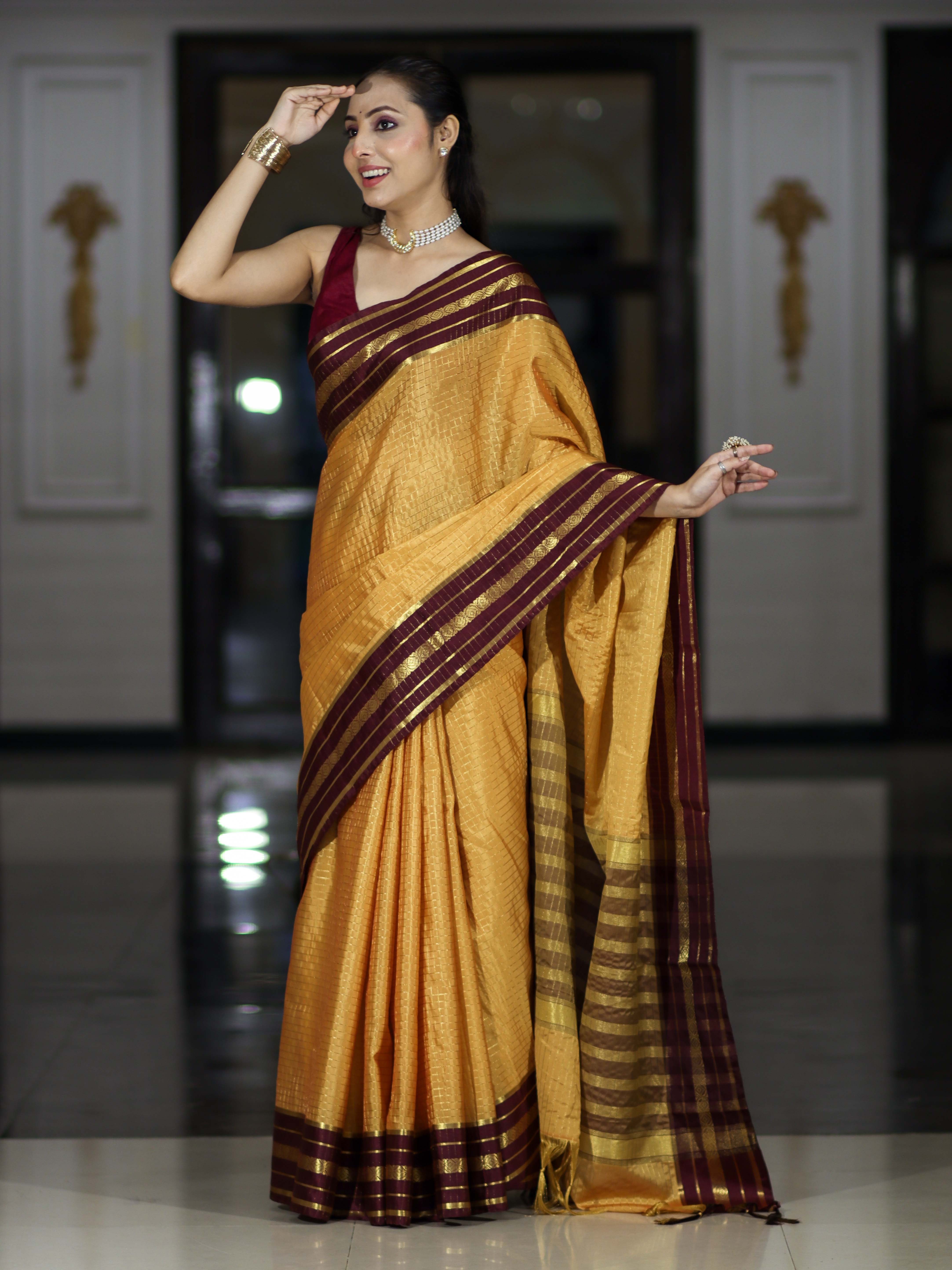 Banarasee Handloom Semi Silk Saree With Checks Pattern & Contrast Border-Mustard Yellow & Burgundy