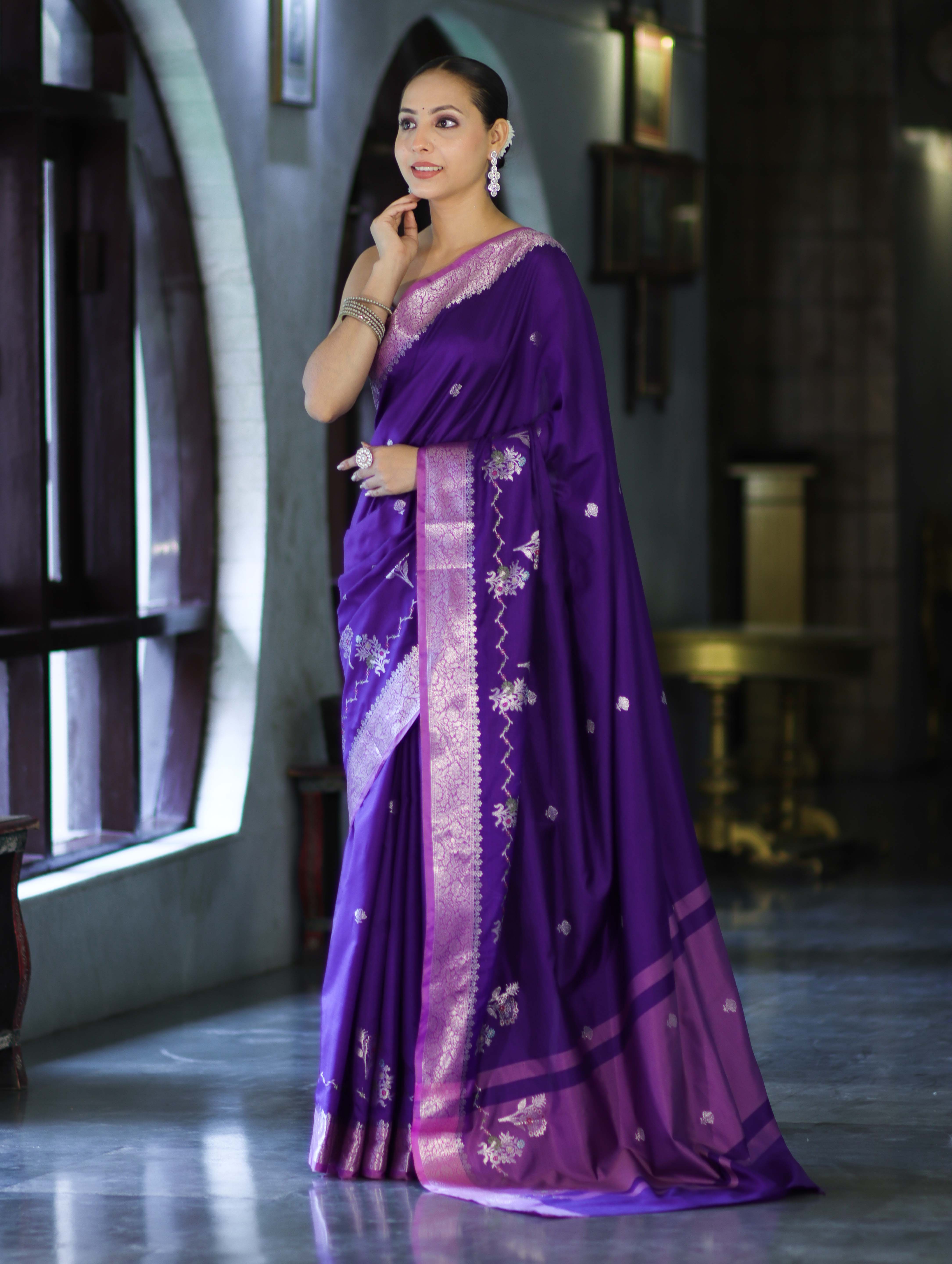 Banarasee Handloom Semi Silk Saree With Zari Design & Contrast Border-Violet