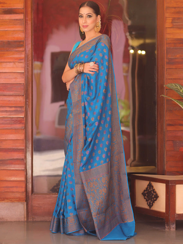 Banarasee Pure Handloom Muga Silk Saree With Zari & Gold Weaving-Blue