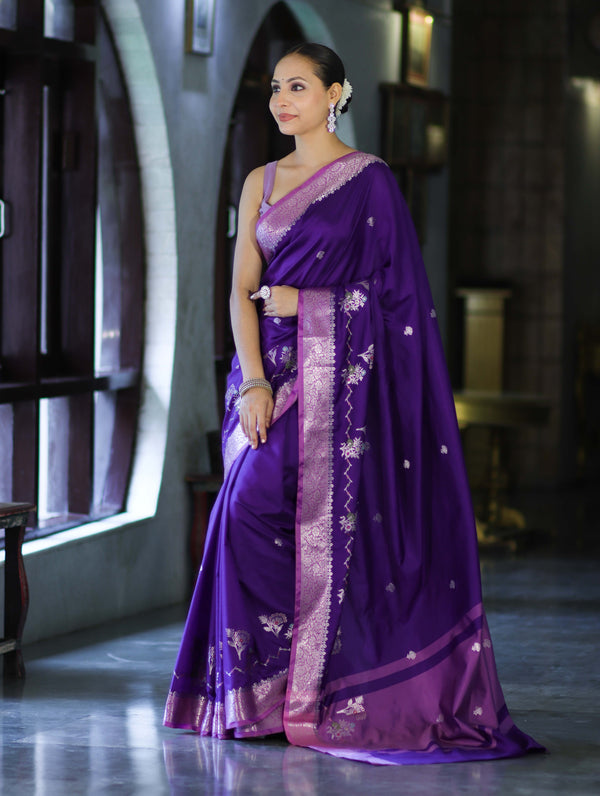Banarasee Handloom Semi Silk Saree With Zari Design & Contrast Border-Violet