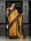 Banarasee Handloom Semi Silk Saree With Checks Pattern & Contrast Border-Mustard Yellow & Burgundy