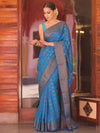 Banarasee Pure Handloom Muga Silk Saree With Zari & Gold Weaving-Blue