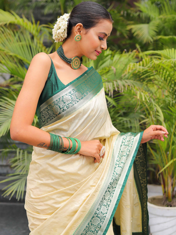 Banarasee Handwoven Semi-Chiffon Saree With Contrast Border & Gold Zari-Cream & Green