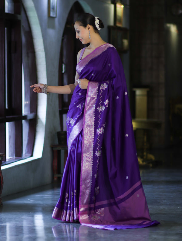 Banarasee Handloom Semi Silk Saree With Zari Design & Contrast Border-Violet