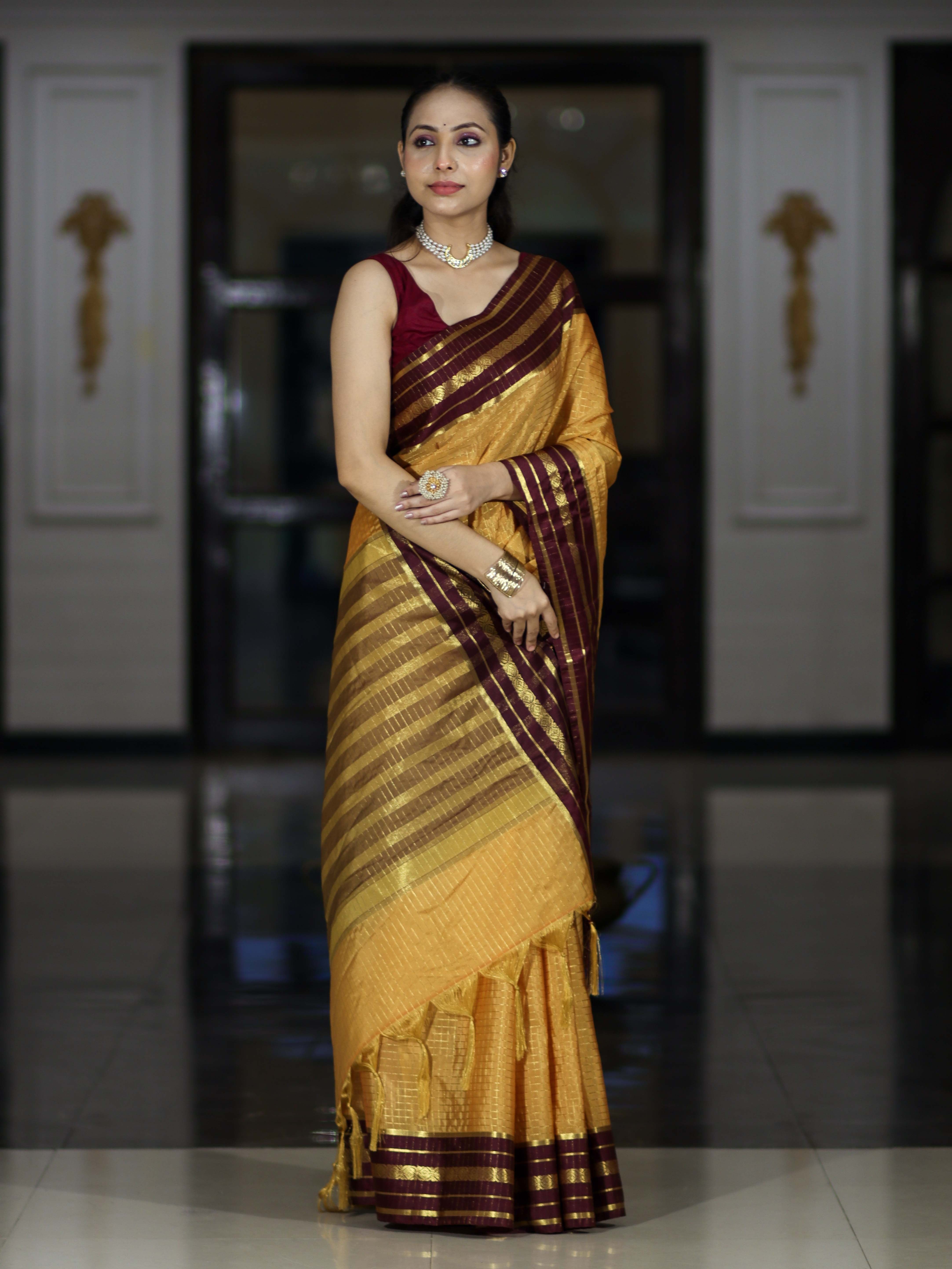 Banarasee Handloom Semi Silk Saree With Checks Pattern & Contrast Border-Mustard Yellow & Burgundy