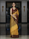 Banarasee Handloom Semi Silk Saree With Checks Pattern & Contrast Border-Mustard Yellow & Burgundy