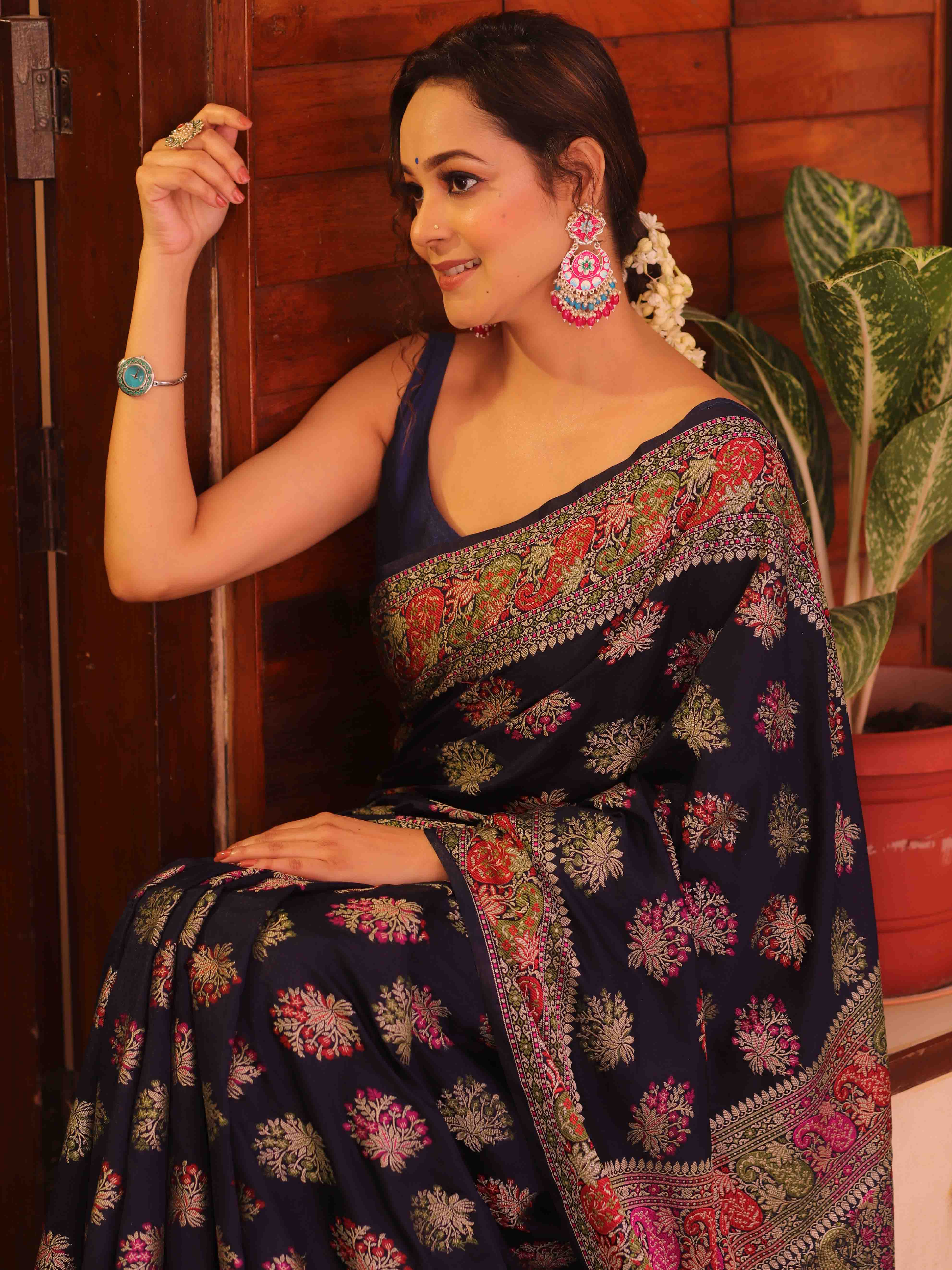 Banarasee Faux Georgette Saree With Resham Work-Blue