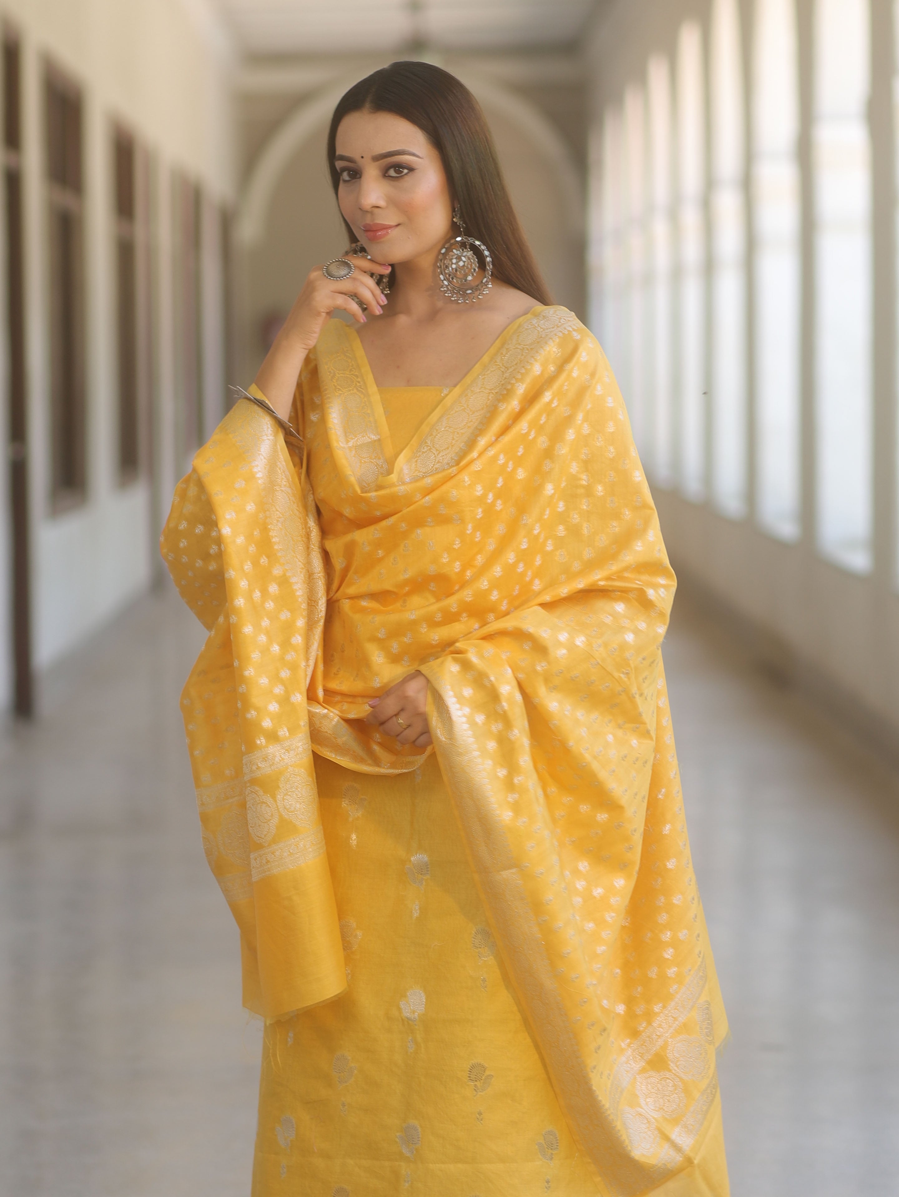 Banarasee Cotton Silk Zari Work Salwar Kameez Fabric With Dupatta-Yellow