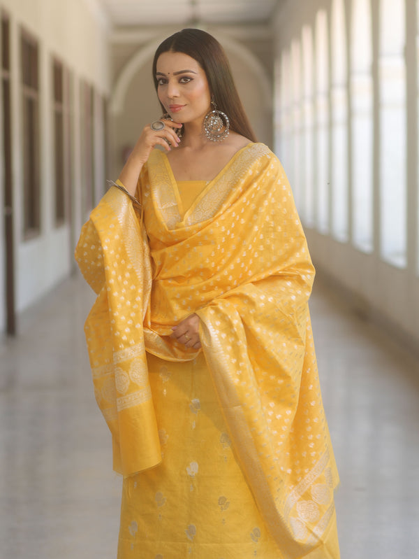 Banarasee Cotton Silk Zari Work Salwar Kameez Fabric With Dupatta-Yellow