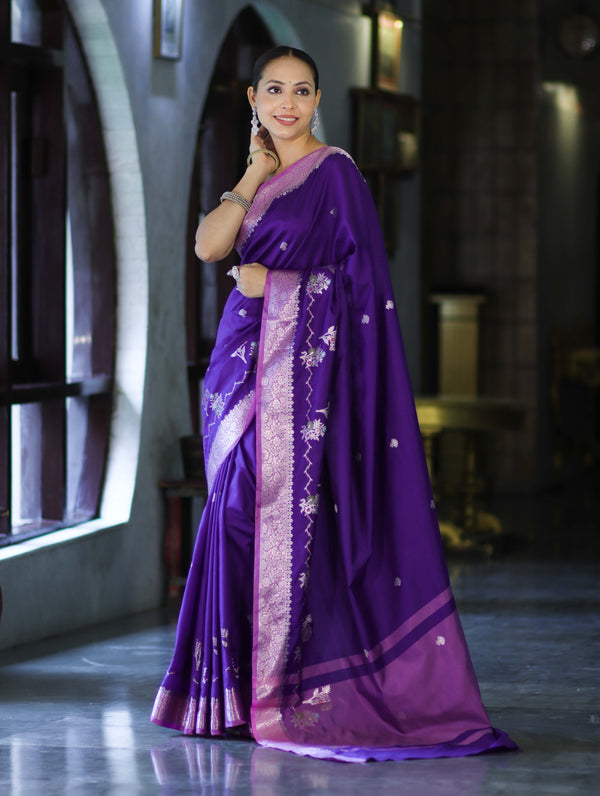 Banarasee Handloom Semi Silk Saree With Zari Design & Contrast Border-Violet