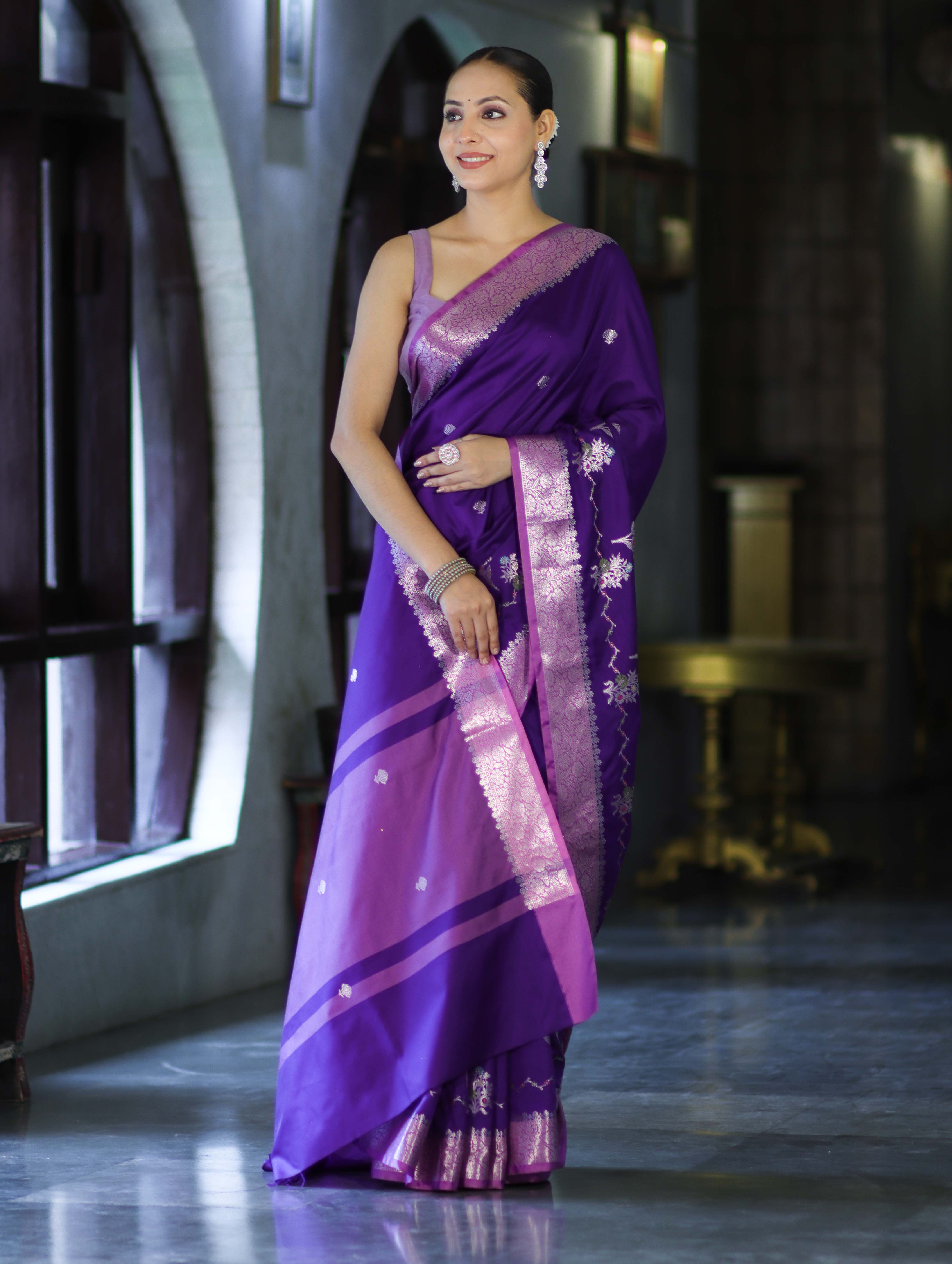Banarasee Handloom Semi Silk Saree With Zari Design & Contrast Border-Violet