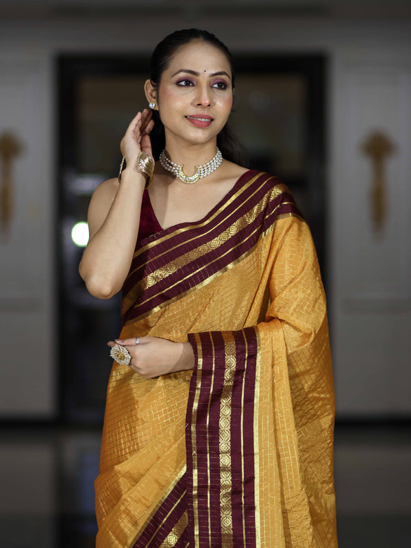 Banarasee Handloom Semi Silk Saree With Checks Pattern & Contrast Border-Mustard Yellow & Burgundy