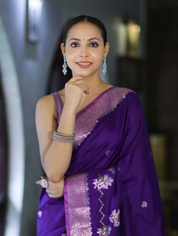 Banarasee Handloom Semi Silk Saree With Zari Design & Contrast Border-Violet
