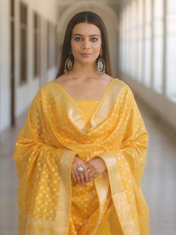 Banarasee Cotton Silk Zari Work Salwar Kameez Fabric With Dupatta-Yellow