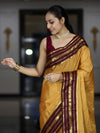 Banarasee Handloom Semi Silk Saree With Checks Pattern & Contrast Border-Mustard Yellow & Burgundy