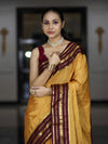 Banarasee Handloom Semi Silk Saree With Checks Pattern & Contrast Border-Mustard Yellow & Burgundy