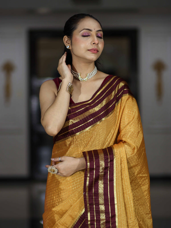 Banarasee Handloom Semi Silk Saree With Checks Pattern & Contrast Border-Mustard Yellow & Burgundy
