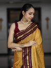 Banarasee Handloom Semi Silk Saree With Checks Pattern & Contrast Border-Mustard Yellow & Burgundy