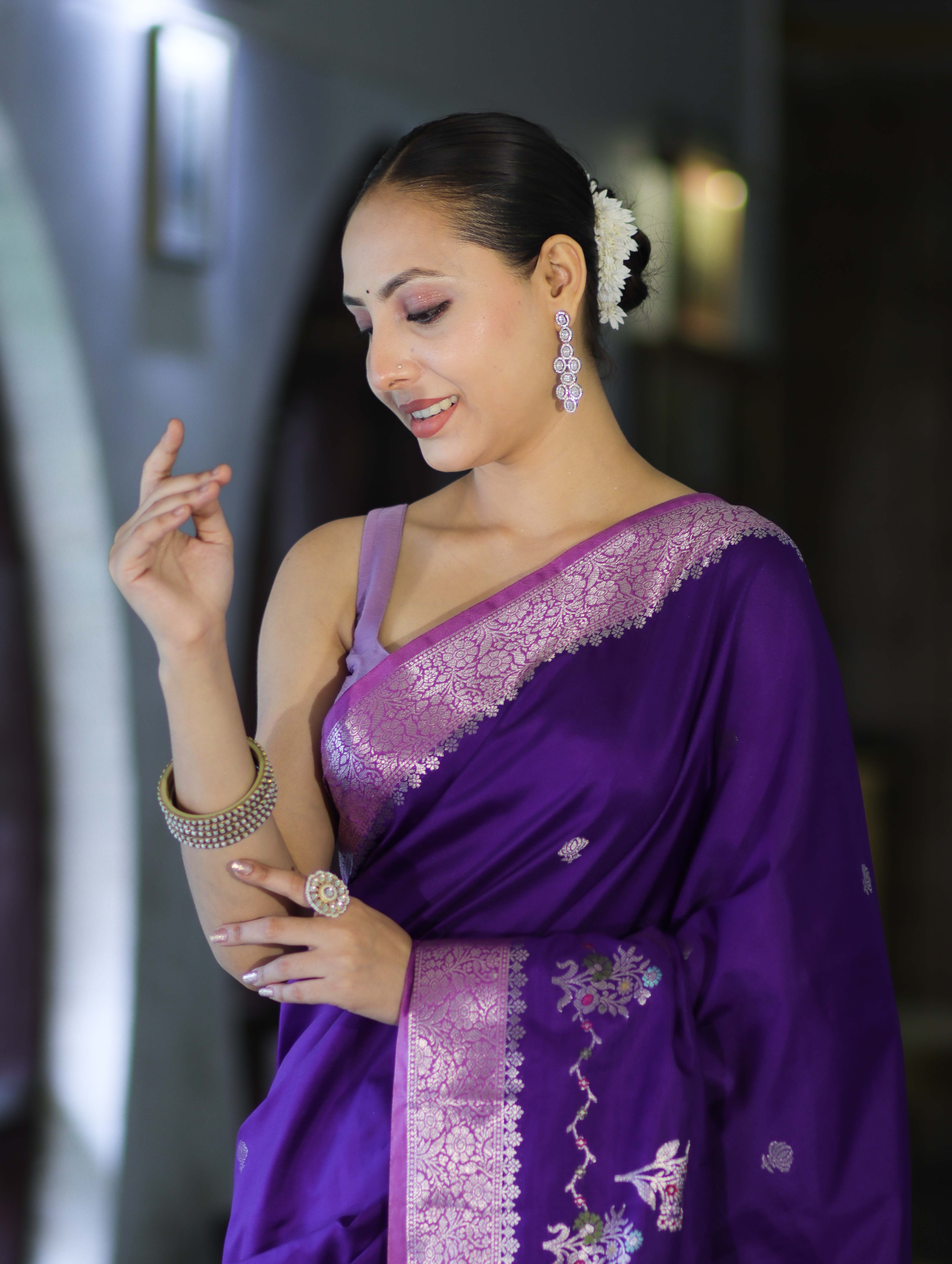 Banarasee Handloom Semi Silk Saree With Zari Design & Contrast Border-Violet